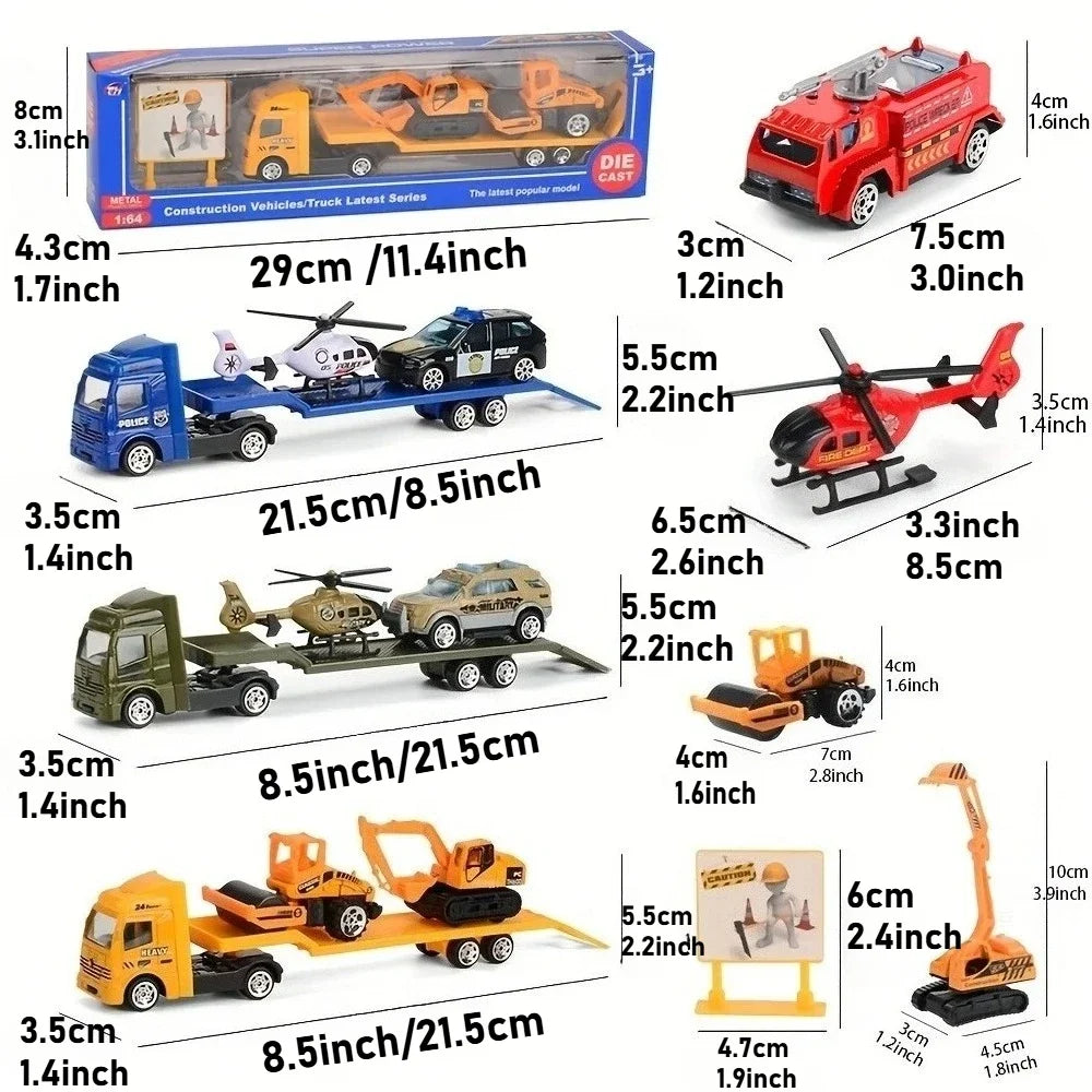 Friction Powered Carrier Truck Toy Push and Go Construction Car Toy Alloy Tow Trailer Trucks Set Gift for Toddlers Boys Girls