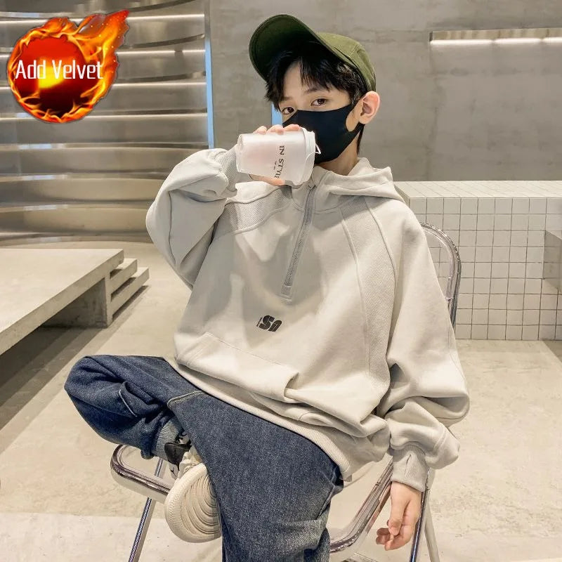 2025 New Boys' Mid-Large Spring-Autumn & Autumn-Winter Fleece-Lined Thickened Hooded Hoodie - Trendy Streetwear Boys' Top