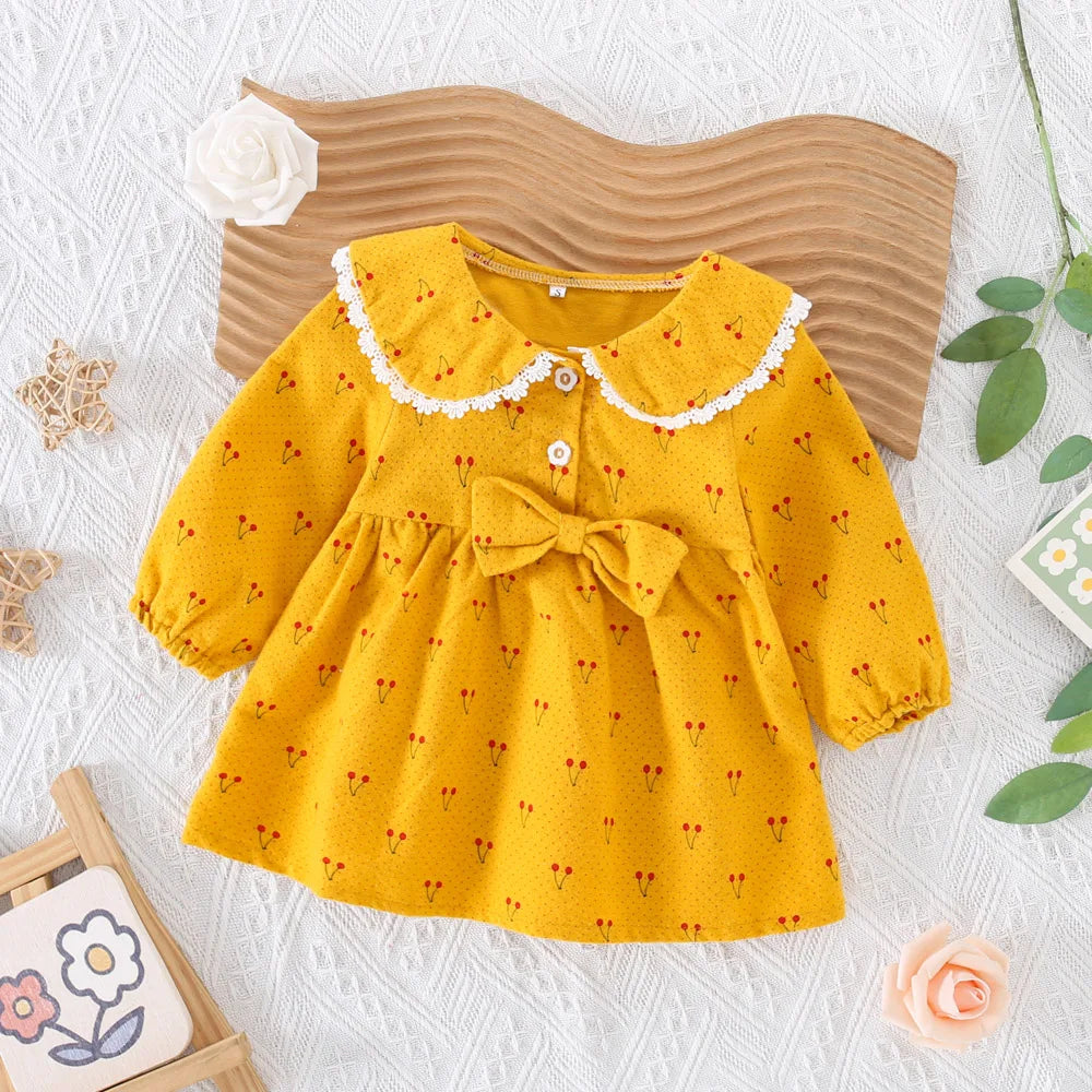 0-3 Year Old Baby Girl Dress, Spring And Autumn New Sweet Bow Cherry Long Sleeved Children'S Clothing