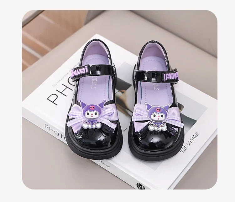 Kids'Sandals Kuromi PU Leather Bow Flat Spring Shoes For Girls Anti-slip Soft Thick Bottom White Black Shoes Size 26-36