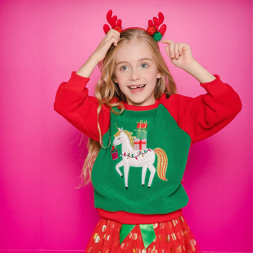 VIKITA Girls Fleece Sweatshirts Kids Autumn Winter Unicorn Appliqued Long Sleeve Sports Casual Outwear Children's Tops Pullover