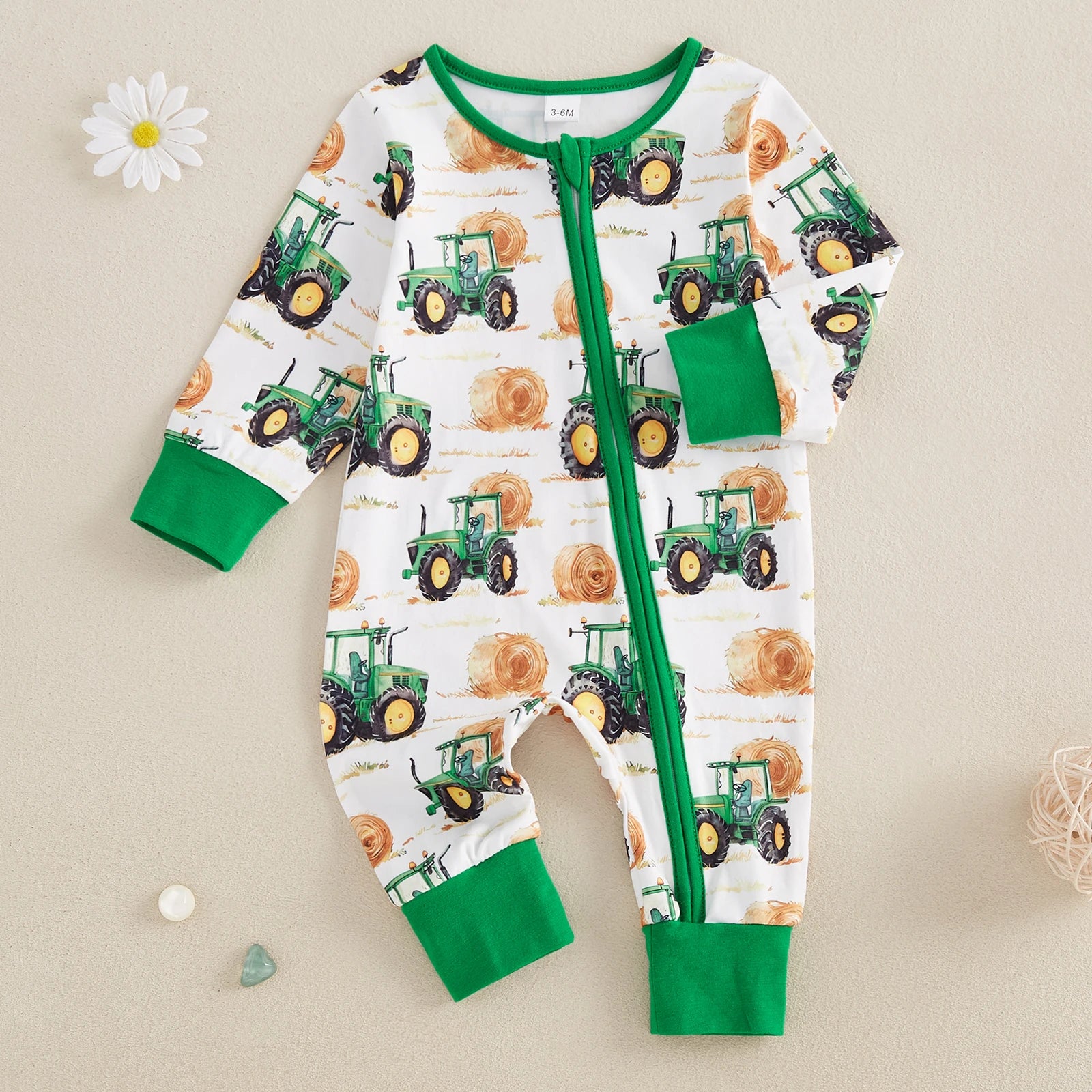 Toddler Unisex Autumn Coverall with Cute Farm Vehicle Pattern Easy Zip Closure and Cozy Crew Neck for All-Day Play
