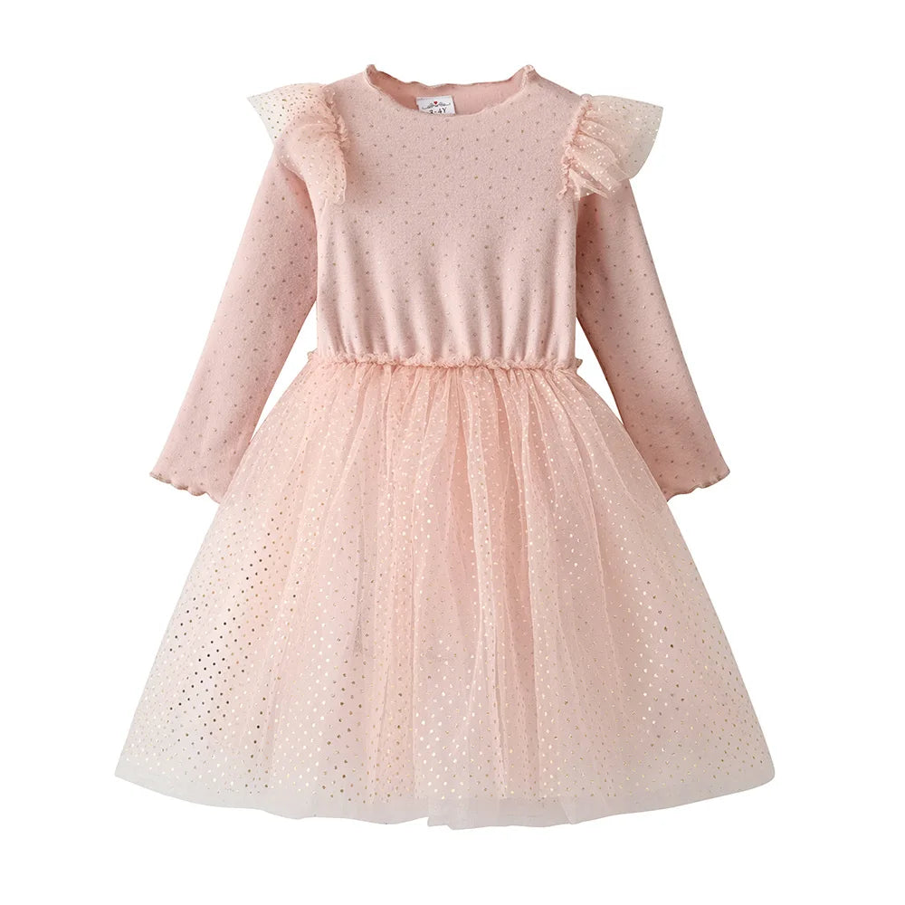 VIKITA Girls Knitted Dress Long Sleeve Autumn Spring Pink Dresses Girls Birthday Party Mesh Cotton Casual Dress Kids Clothes