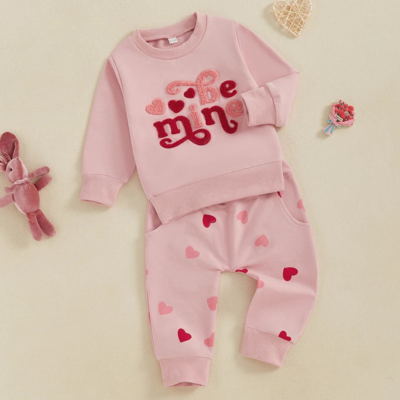 Toddler Girls 2-piece Set Adorable Long Sleeve Hoodie with Embroidered Letters and Heart Print Sweatpants Valentine s Day