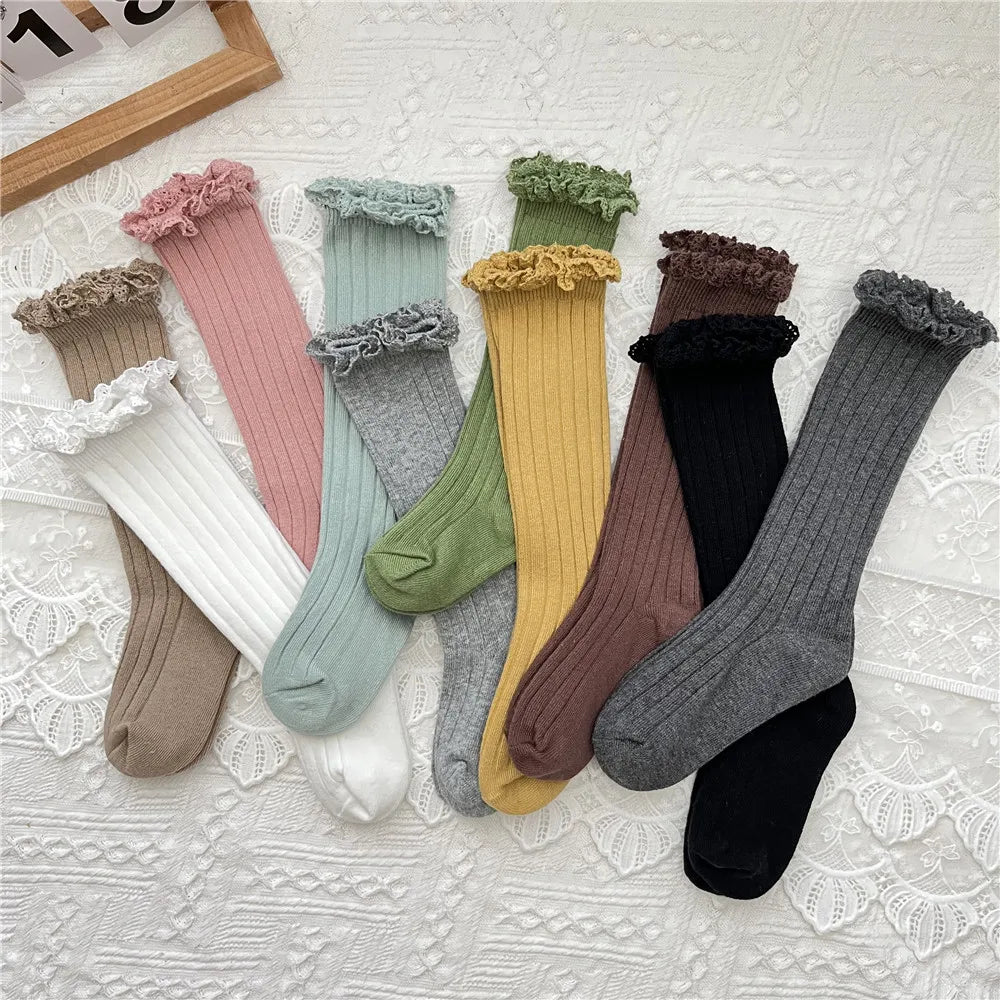 Ruffle Kids Knee High Socks Baby Girls Toddlers Long Soft Cotton Sock Lace Flower Children School Uniform Socks For 0-8Years