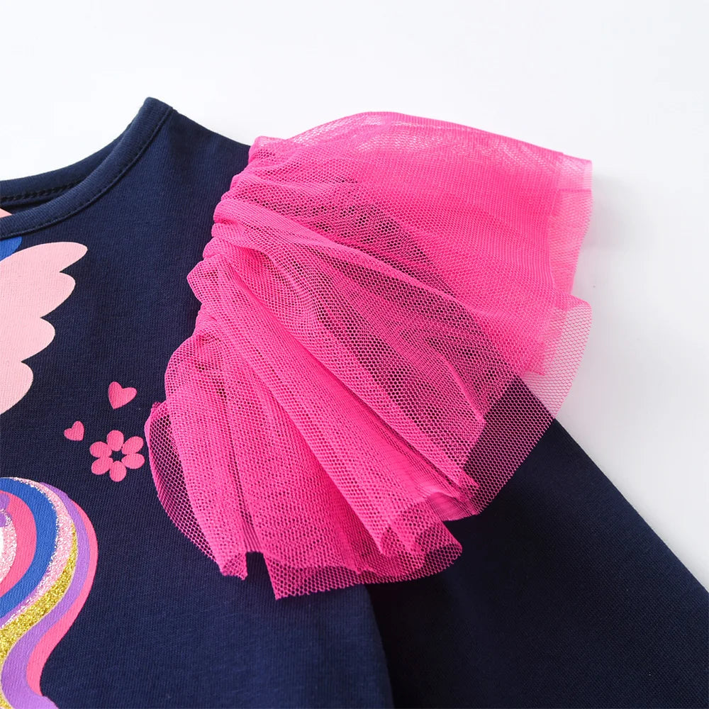 VIKITA Girls Unicorn Print Cartoon Dress Kids Flare Sleeve Prom Gown Girls Gradient Layered Mesh Tulle Tutu Princess Vestidos