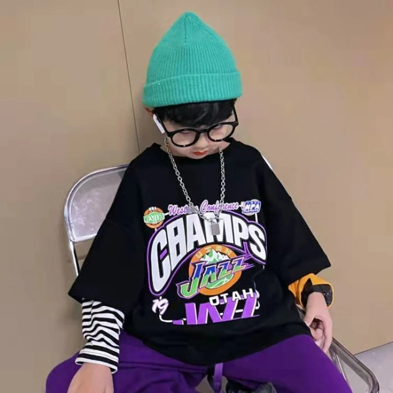 Fake Two Piece T Shirt Kids Korean Clothes Boys Wear Cartoon Children's Fashion Tops Boys' Child T-shirt T-shirts Boy Top 2025