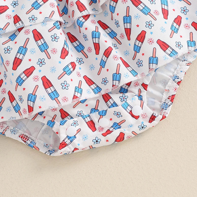 Baby Girl Summer Romper Sleeveless Watermelon Print Jumpsuit with Matching Bow Headband Infant Beach Outfit for 4th of July