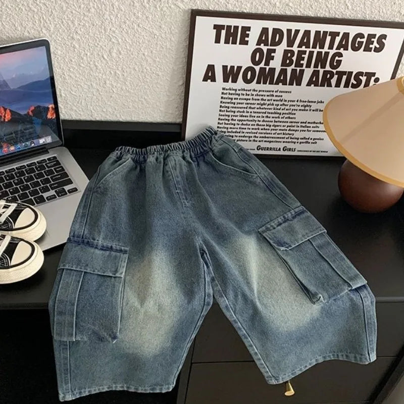 New 2025 Kids Korean Style Vintage Loose Cargo Pocket Straight Leg Jeans Pants - Boys' Denim Straight Jeans Casual Wear