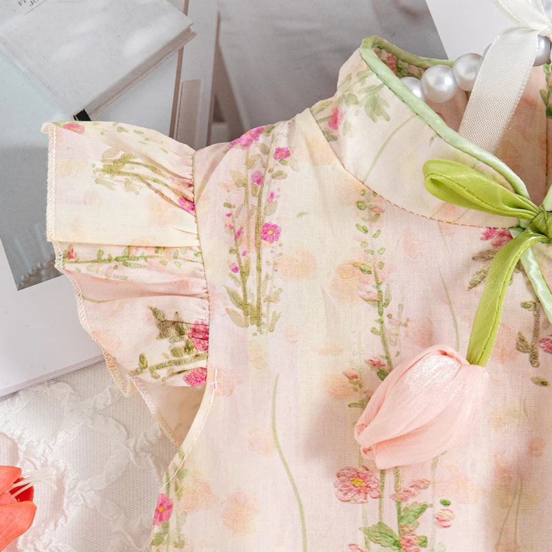 Summer New Chinese Retro Style Baby Girl Sleeveless Dress, Sweet Pink Tulip Children'S Clothing (9 Months -4 Years Old)