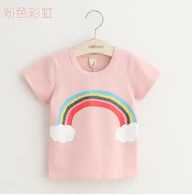 2025 Summer 2 3 4 6 8 10 Years Children Cotton Cartoon Star Bird Cat Rabbit Animal Print Short-Sleeve T-Shirt For Kids Baby Girl