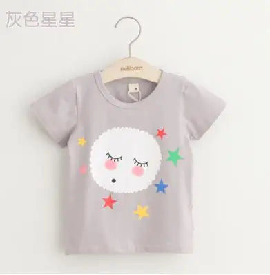 2025 Summer 2 3 4 6 8 10 Years Children Cotton Cartoon Star Bird Cat Rabbit Animal Print Short-Sleeve T-Shirt For Kids Baby Girl