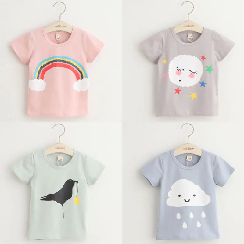 2025 Summer 2 3 4 6 8 10 Years Children Cotton Cartoon Star Bird Cat Rabbit Animal Print Short-Sleeve T-Shirt For Kids Baby Girl