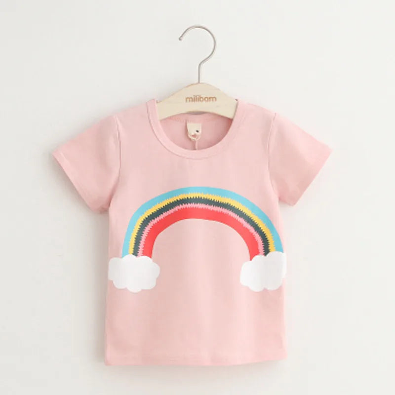 2025 Summer 2 3 4 6 8 10 Years Children Cotton Cartoon Star Bird Cat Rabbit Animal Print Short-Sleeve T-Shirt For Kids Baby Girl