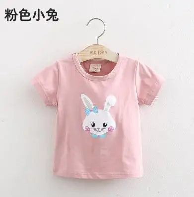2025 Summer 2 3 4 6 8 10 Years Children Cotton Cartoon Star Bird Cat Rabbit Animal Print Short-Sleeve T-Shirt For Kids Baby Girl